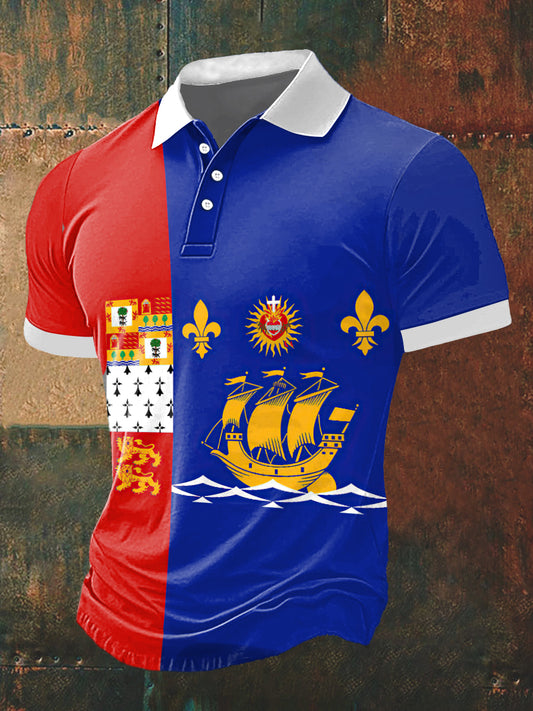T-shirt à manches courtes col polo imprimé style français classique pour hommes