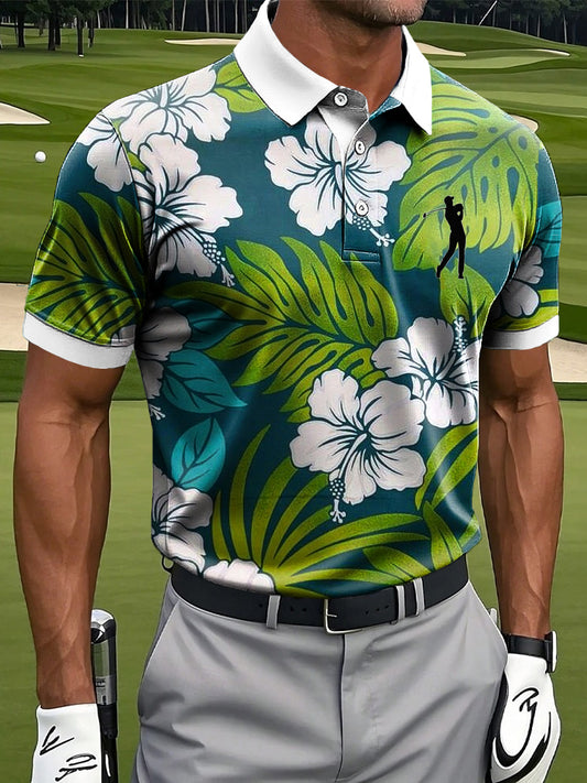 Polo d'affaires décontracté imprimé floral feuille de palmier hawaïen pour hommes