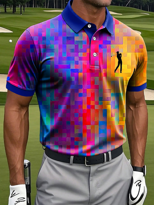 Hommes rétro arc-en-ciel géométrique peinture à l'huile Art Print Casual Business Polo Shirt