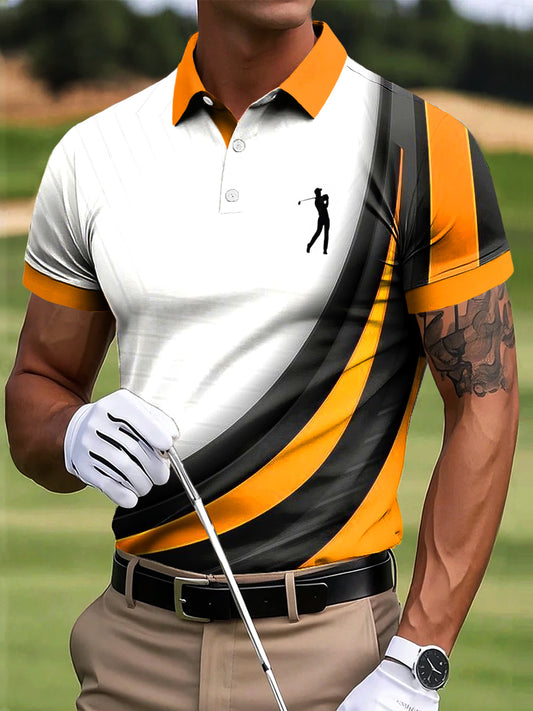 Polo d'affaires décontracté à imprimé artistique en patchwork texturé rayé de golf pour hommes
