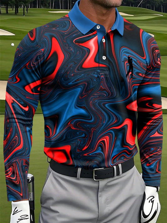 Polo décontracté à manches longues pour hommes, imprimé en marbre multicolore artistique