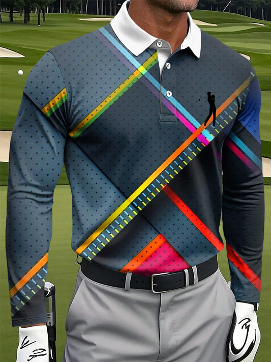 Polo à manches longues décontracté à imprimé artistique à carreaux coloré rétro pour hommes