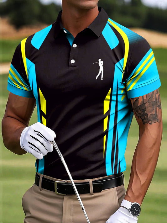 Polo d'affaires décontracté imprimé art patchwork géométrique coloré de golf pour hommes