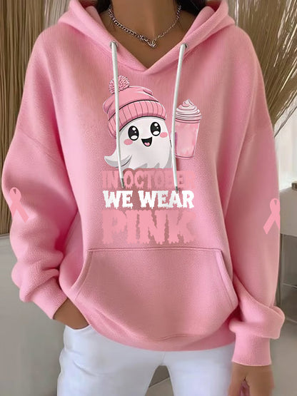 En Octobre des femmes nous portons rose Halloween rose Ghost Print cancer du sein Sensibilisation Hoodie