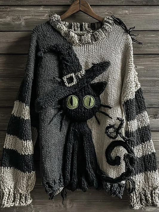 Femmes Halloween Mignon Sorcière Chats Art Pull ras du cou