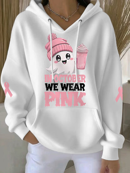En Octobre des femmes nous portons rose Halloween rose Ghost Print cancer du sein Sensibilisation Hoodie