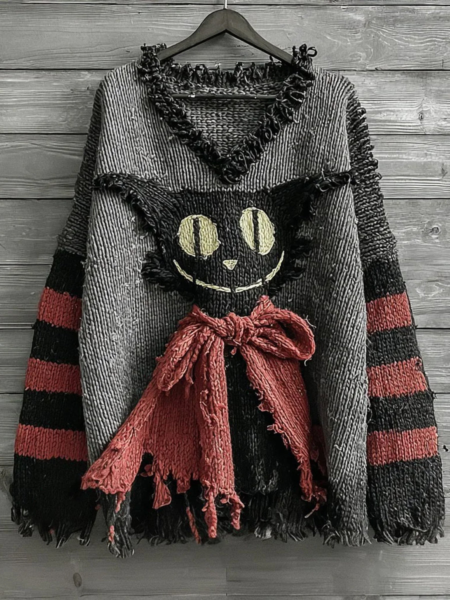 Pull Femme Halloween Caped Chat Noir Rayé Art