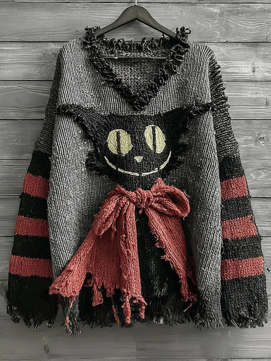 Pull Femme Halloween Caped Chat Noir Rayé Art