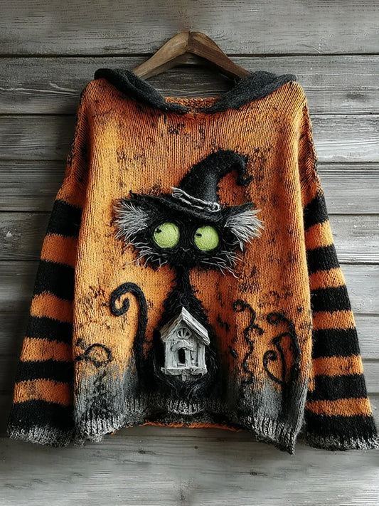 Femmes Halloween Mignon Sorcière Chats Et Château Art Pull ras du cou