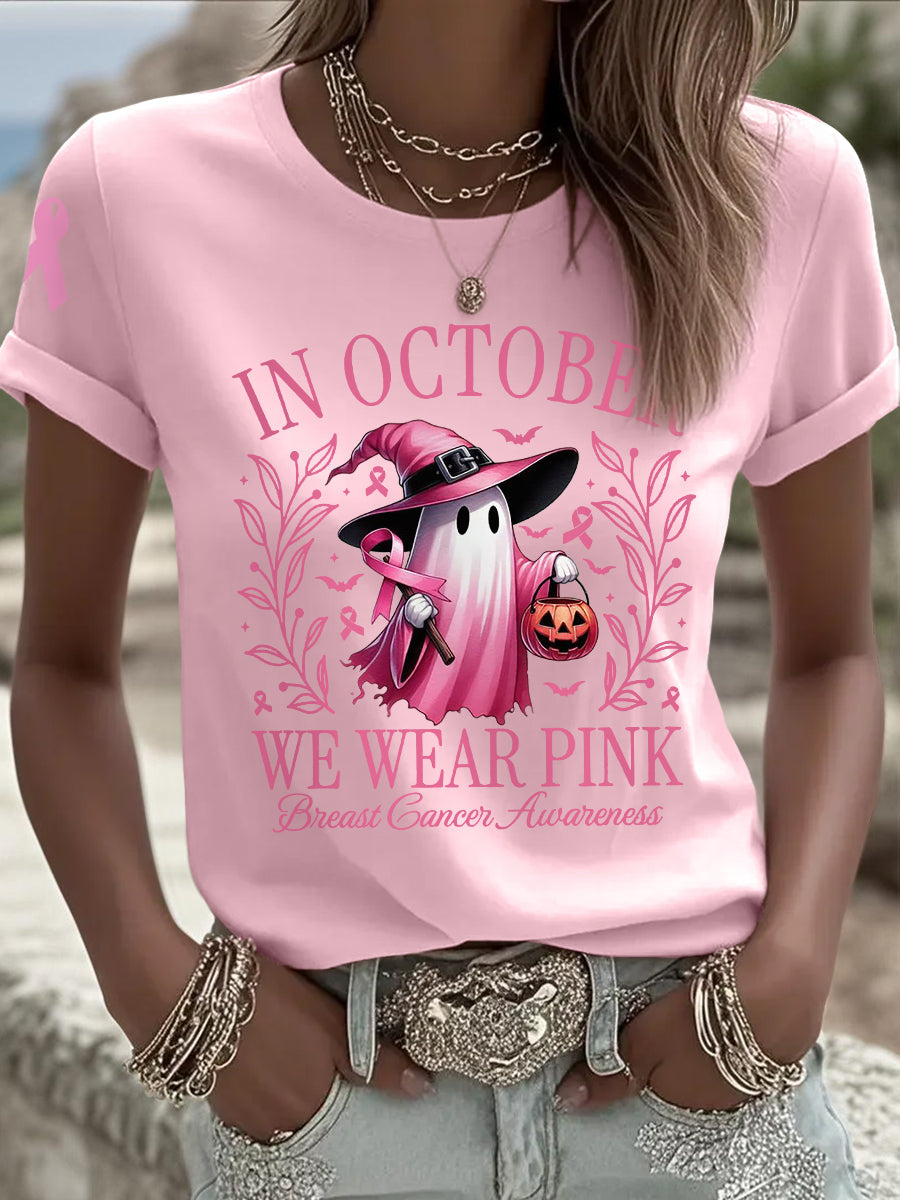 En octobre, nous portons des femmes rose Halloween rose Ghost Print Breast Cancer Awareness Support Tee