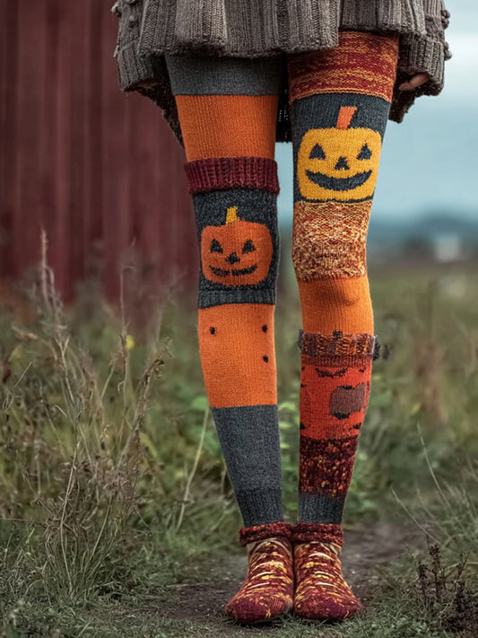 Leggings à imprimé visage citrouille d'Halloween pour femmes