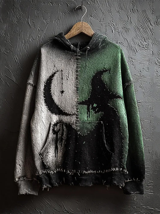 Les hommes rétro Halloween sorcière et lune contraste cousu lavé Hoodie
