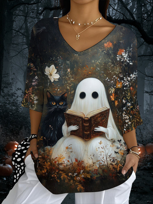 Vintage Halloween mignon fantôme et chat imprimé v-cou demi-manches T-shirt