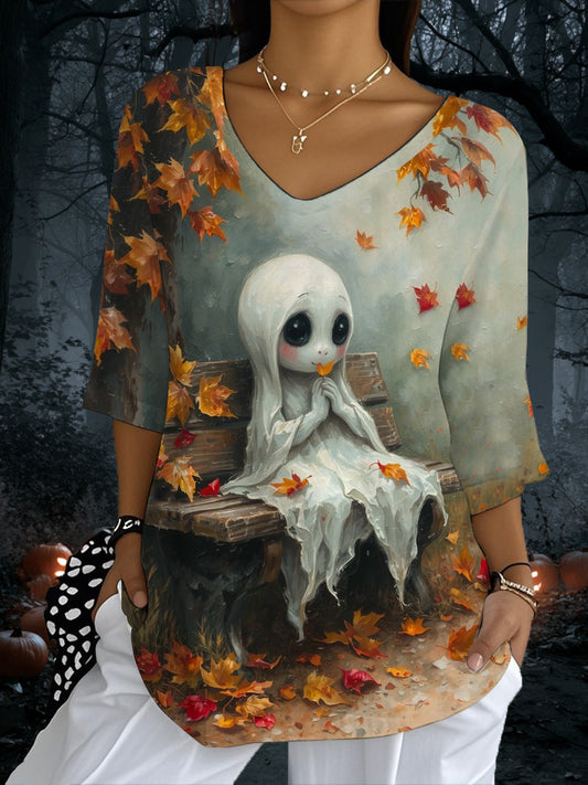 Vintage Halloween Mignon Fantôme Imprimé V-Neck Half-Sleeve T-Shirt des femmes