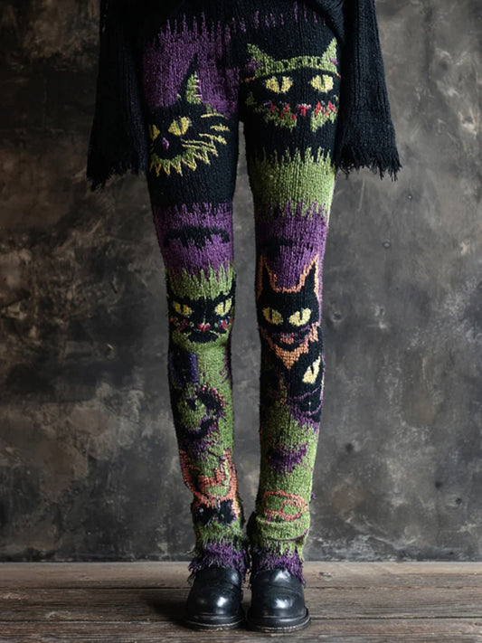 Femmes Halloween Spooky Cat brodé en tricot Leggings