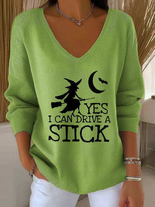 Top femme en tricot imprimé "Yes I Can Drive A Stick" sorcière