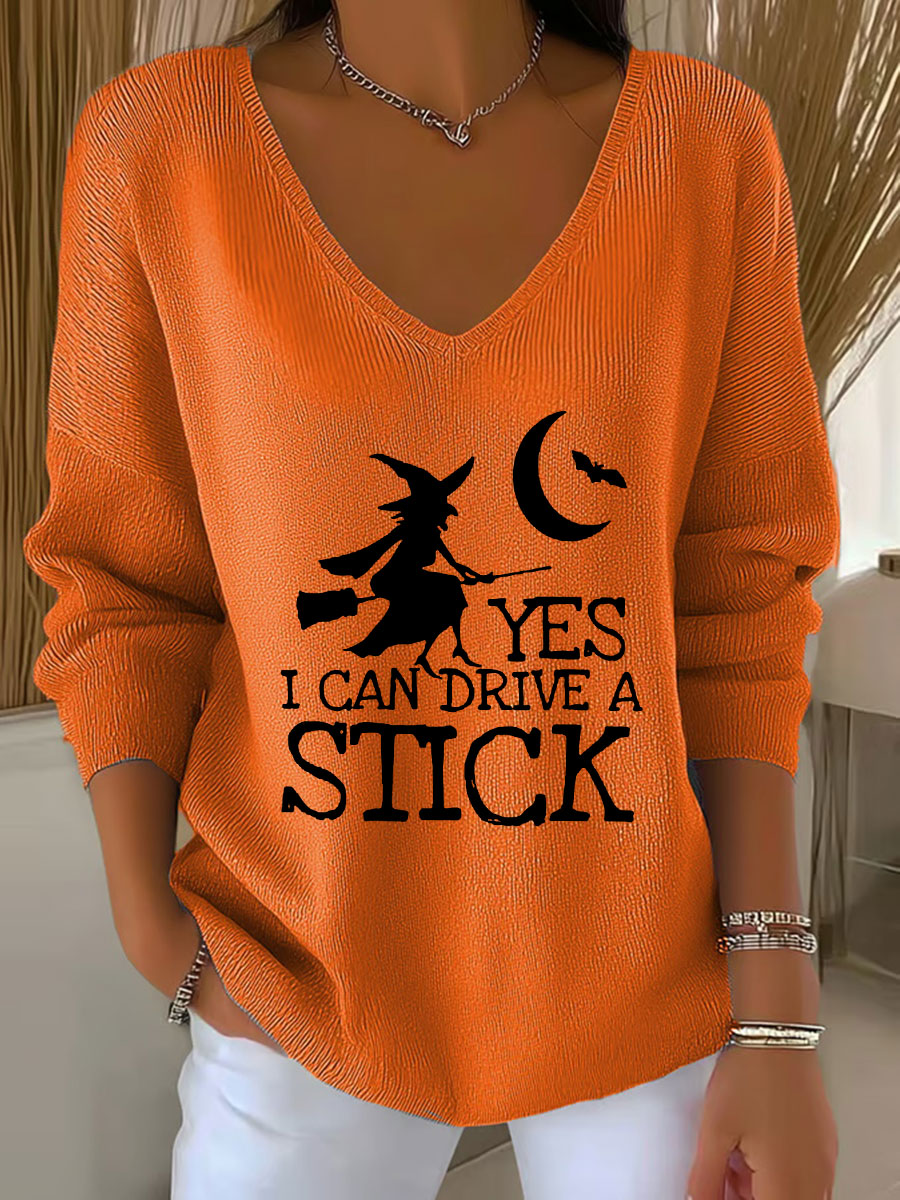 Top femme en tricot imprimé "Yes I Can Drive A Stick" sorcière