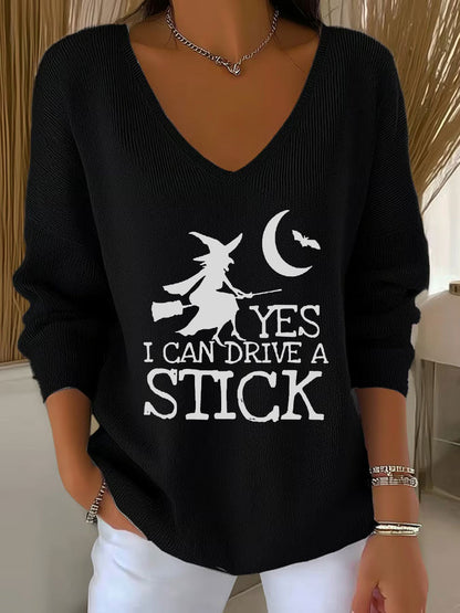 Top femme en tricot imprimé "Yes I Can Drive A Stick" sorcière