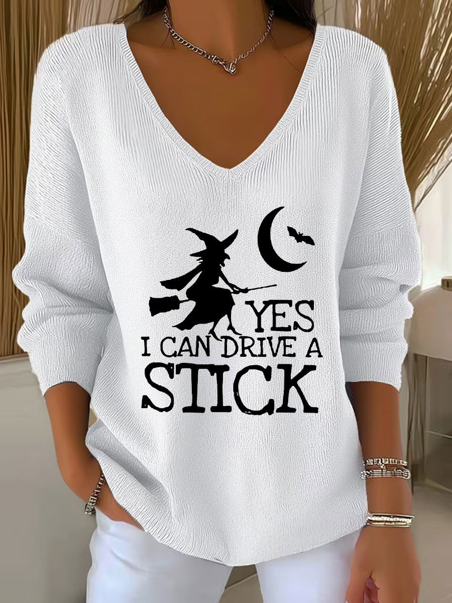 Top femme en tricot imprimé "Yes I Can Drive A Stick" sorcière