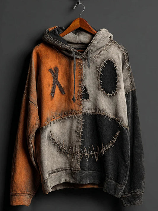 Sweat à Capuche Patchwork Halloween Citrouille Visage Colorblock Pour Hommes