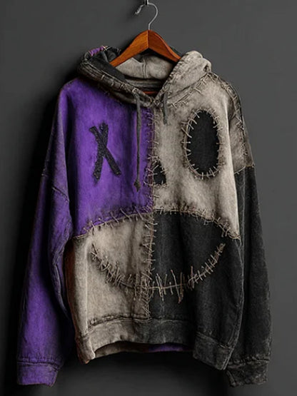 Sweat à Capuche Patchwork Halloween Citrouille Visage Colorblock Pour Hommes