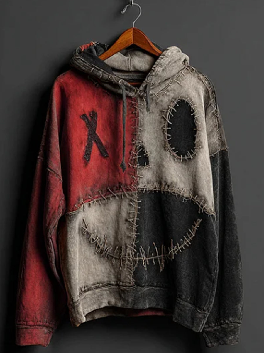 Sweat à Capuche Patchwork Halloween Citrouille Visage Colorblock Pour Hommes