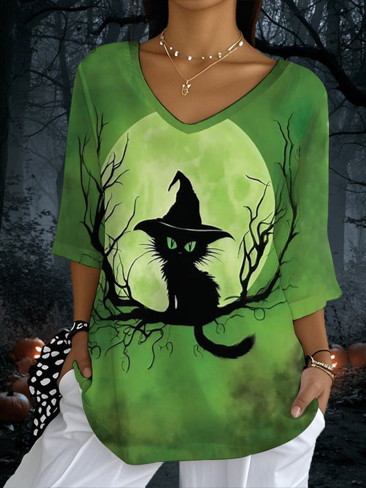 T-shirt Halloween Chat Noir Imprimé Demi-Manche Femme