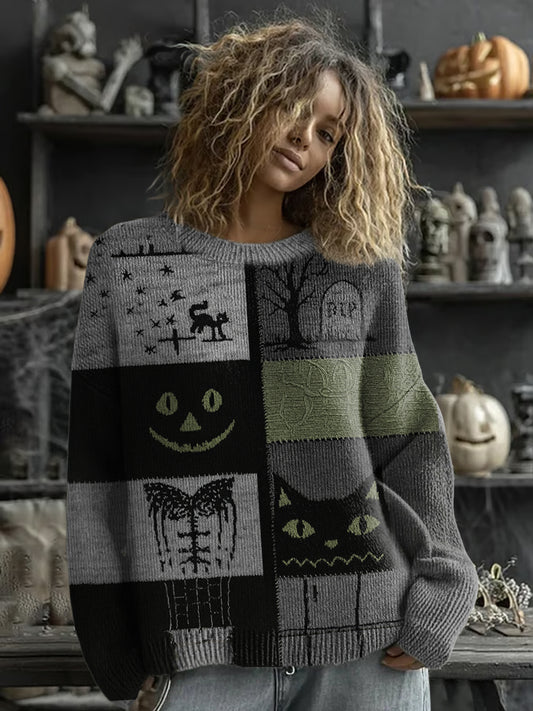 Pull à imprimé imprimé Halloween Cat Face pour femme