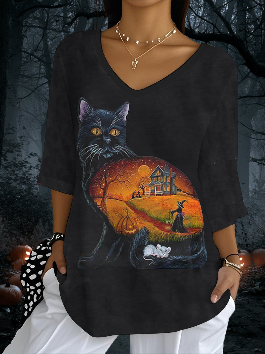 T-shirt Halloween Chat Noir Imprimé Demi-Manche Femme