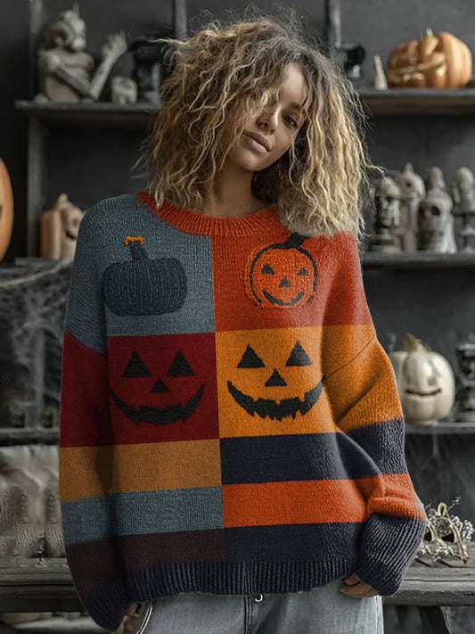 Pull Halloween Pumpkin Face Stitched Imprimé Femme