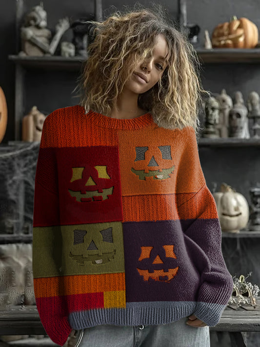 Pull Halloween Pumpkin Face Stitched Imprimé Femme