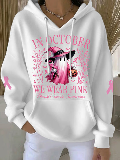 En Octobre des femmes nous portons rose Halloween rose Ghost Print cancer du sein Sensibilisation Hoodie