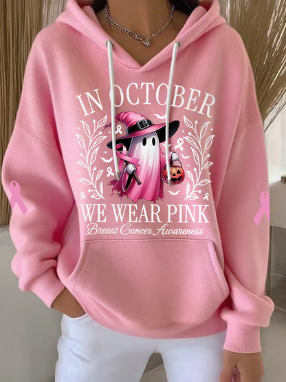 En Octobre des femmes nous portons rose Halloween rose Ghost Print cancer du sein Sensibilisation Hoodie