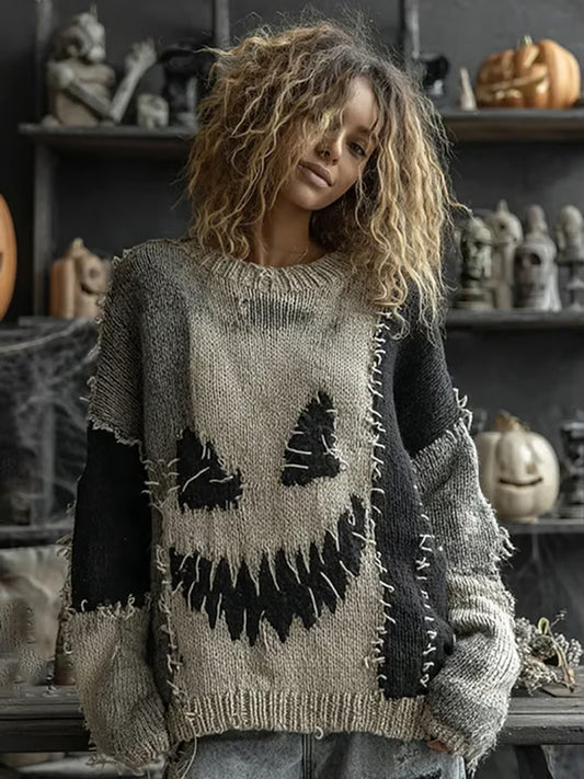 Pull Halloween Spooky Visage Imprimé Femme