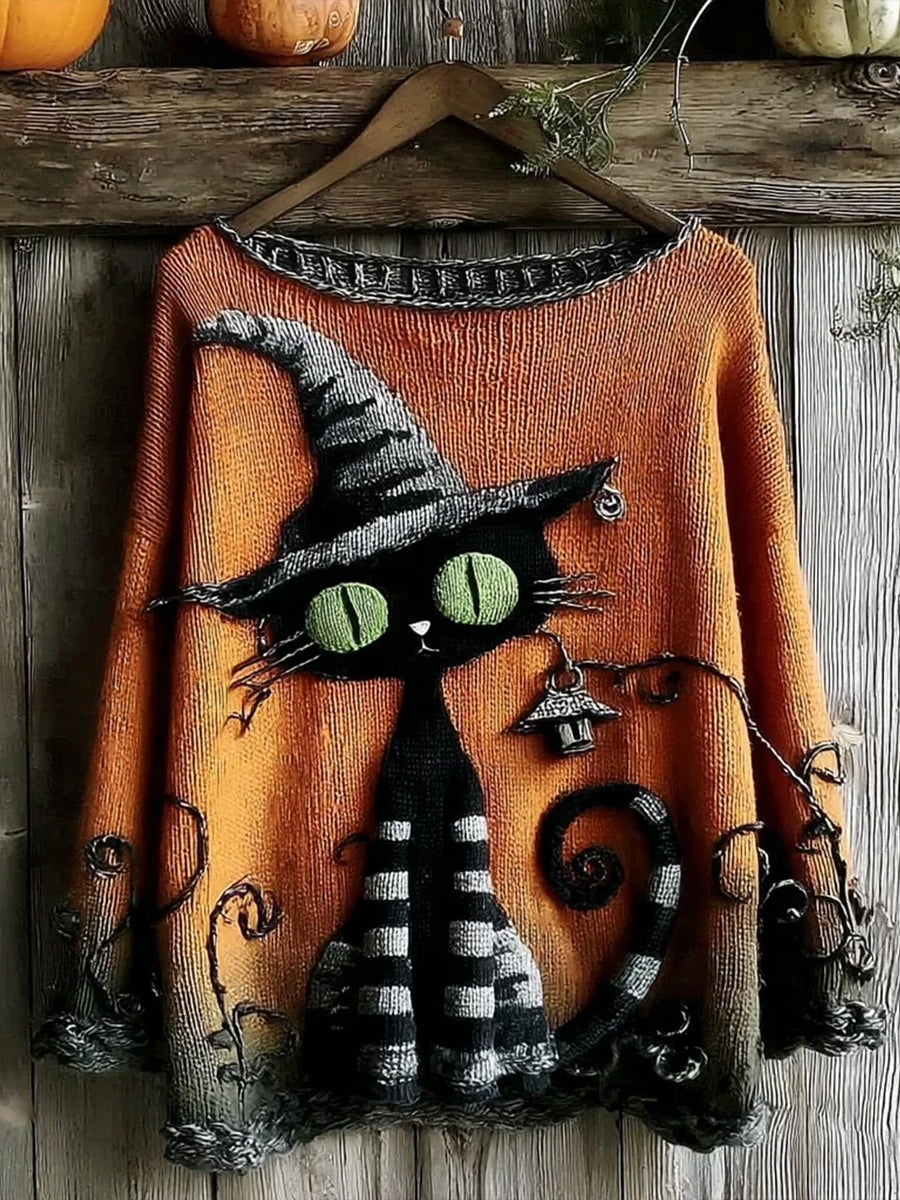 Femmes Halloween Mignon Sorcière Chats Art Pull ras du cou