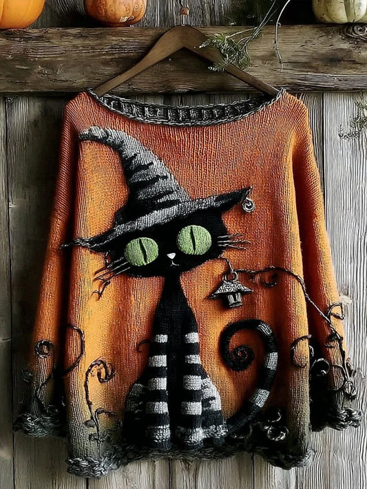 Femmes Halloween Mignon Sorcière Chats Art Pull ras du cou