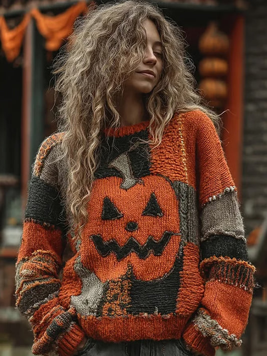 Pull Halloween Pumpkin Face Stitched Imprimé Femme