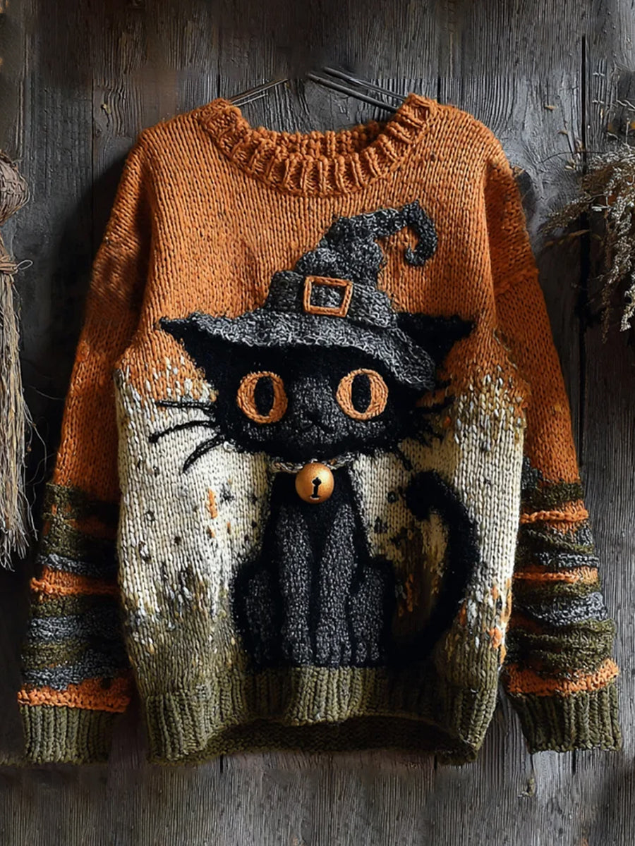 Femmes Halloween Mignon Sorcière Chats Art Pull ras du cou