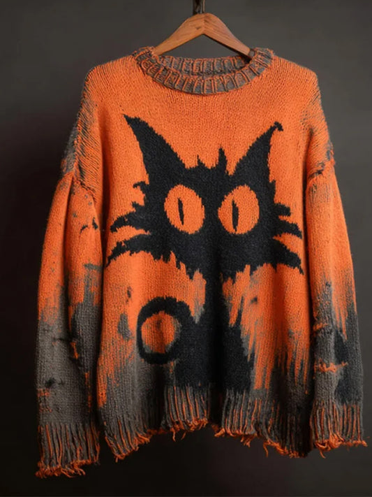 Femmes Halloween Mignon Sorcière Chats Art Pull ras du cou