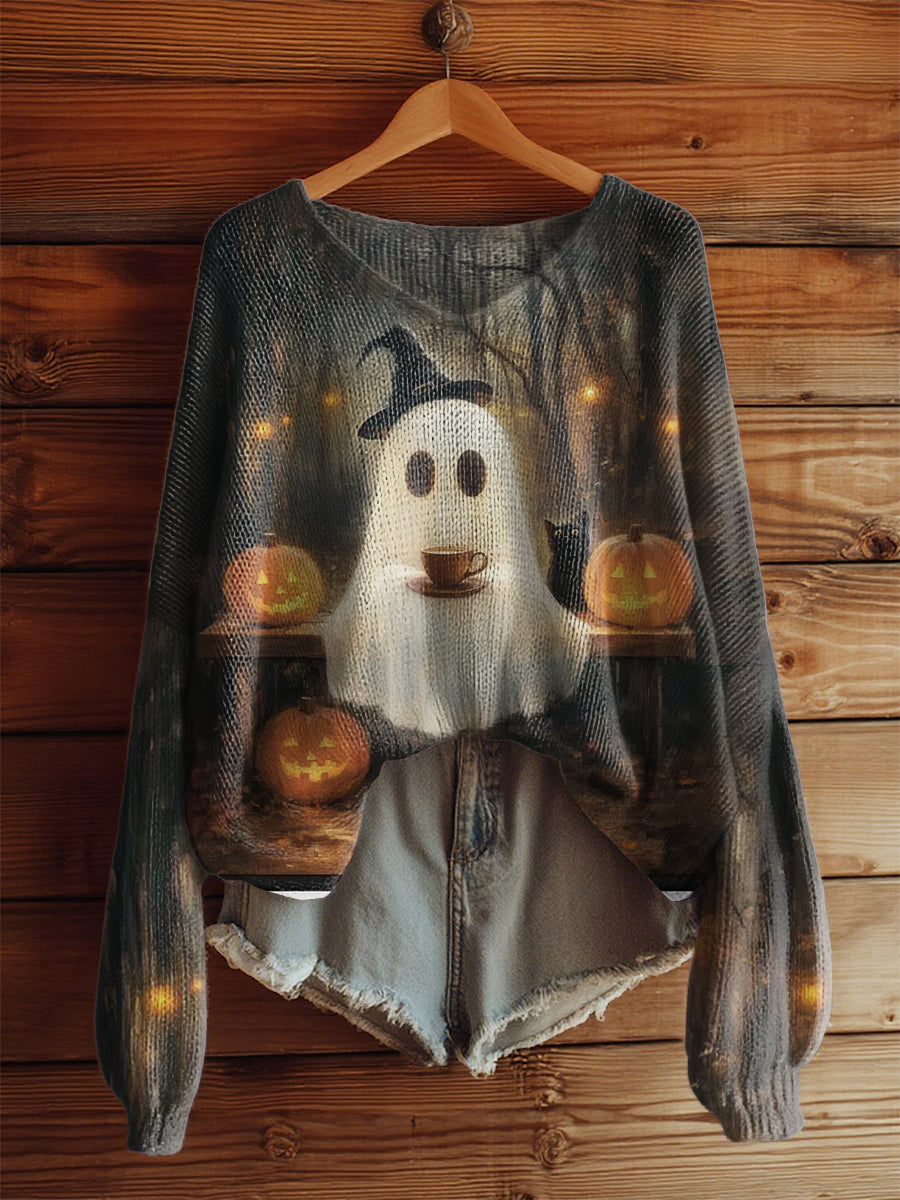 Femmes Vintage HalloweenCute Ghost avec café et chat noir dans la forêt imprimé col en V à manches longues Top