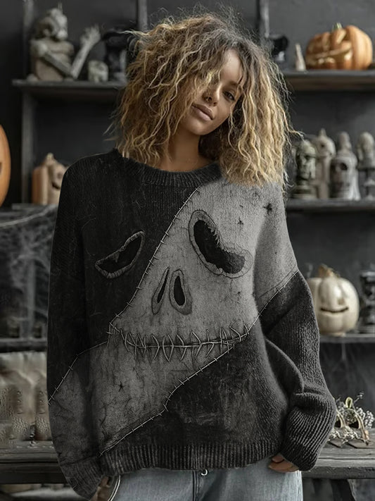 Pull Halloween Spooky Visage Imprimé Femme