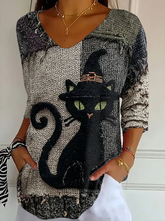 Top Halloween Chat Noir Imprimé Femme