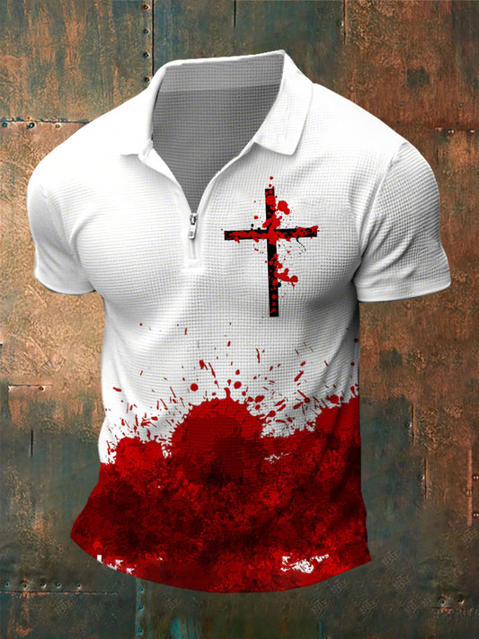 Manches courtes zippées Blood And Jesus Cross Print pour hommes