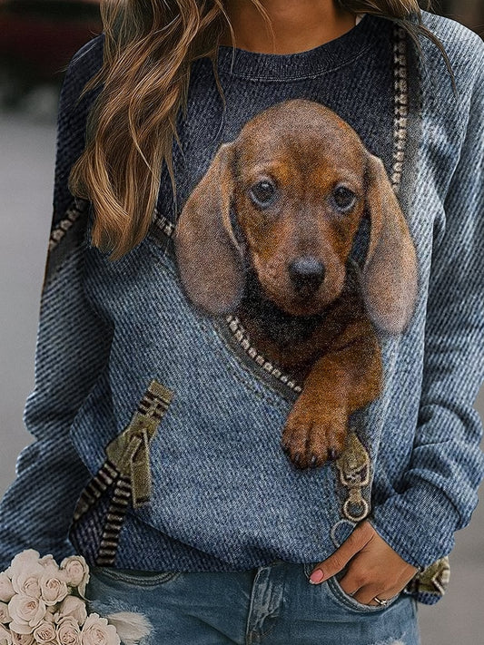Sweat-shirt décontracté à imprimé chien en denim pour femmes