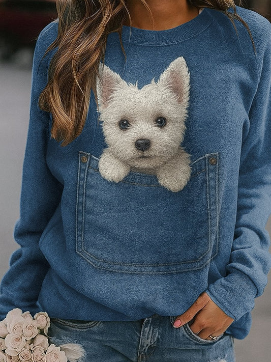 Sweat-shirt décontracté à imprimé chien en denim pour femmes