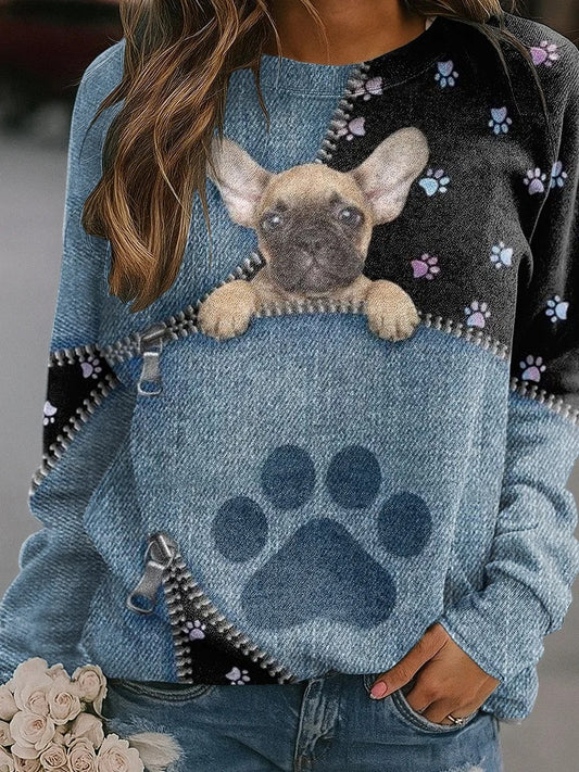 Sweat-shirt décontracté à imprimé chien en denim pour femmes