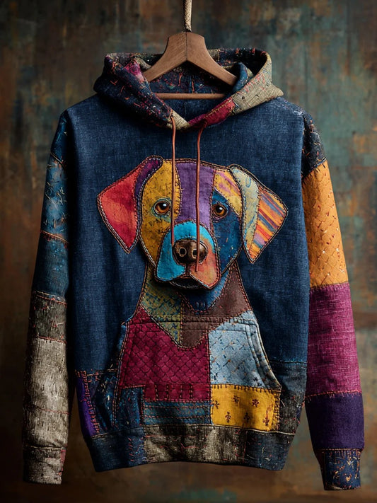 Sweat à Capuche Décontracté Vintage Patchwork Chien Imprimé Art