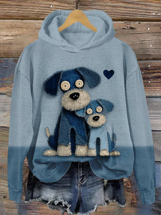 Sweat à capuche décontracté Denim Dog Print pour femmes