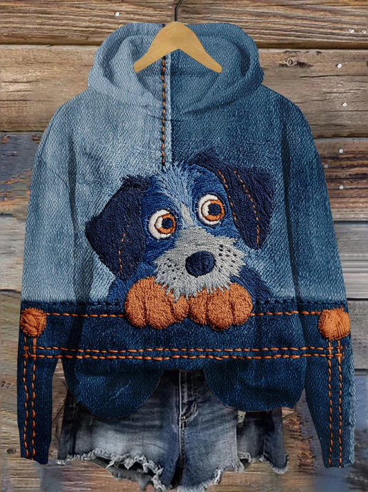 Sweat à capuche à manches longues pour femmes Dog Art Denim Print Casual
