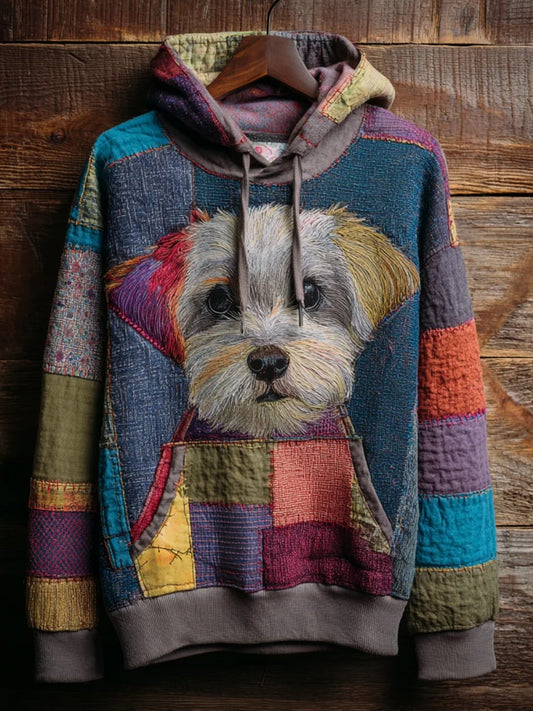 Sweat à Capuche Décontracté Vintage Patchwork Chien Imprimé Art